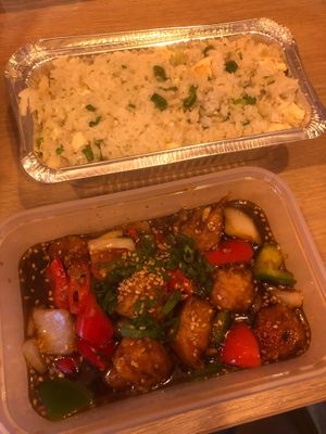 yummy "egg" (tofu) fried rice. and general tso "chicken" at Zen Vegan in South West London