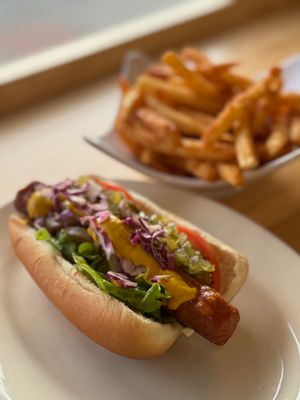 Vegan Not Dog with fries  at Alice & Friends at The Glen in Glenview