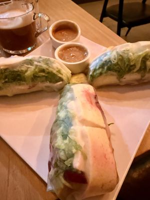 Rainbow Rolls are huge; peanut sauce is delish  at Alice & Friends at The Glen in Glenview
