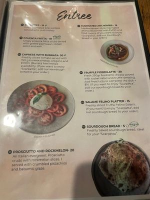 Entree menu at Bella Alice in Alice Springs