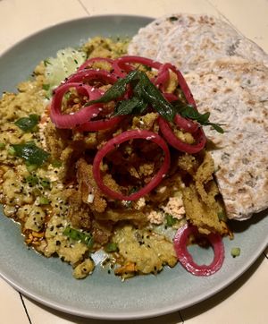 "Shrooms rotti" - crunchy mushrooms/Dahl/coconut sambal/pickled onions/curry leaves/coconut rotti  at Harmunis Vegan Brunch in Tangalle