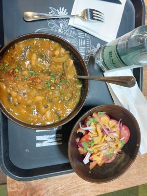 Daily special, bean stew with "chilean salad" at Alma Vegan Food in Santiago