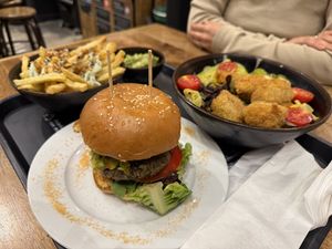 Burger, fries, and salad  at Alma Vegan Food in Santiago