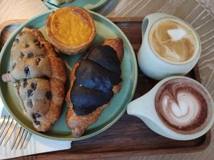 Egg custard tart, crookies, latte, hot chocolate at Maya Bakery & Bar in Hong Kong Island