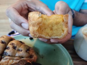 Inside the egg custard tart at Maya Bakery & Bar in Hong Kong Island