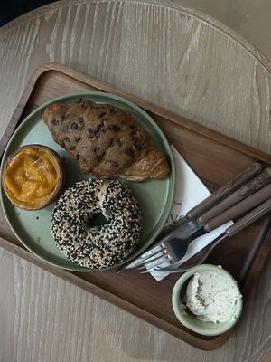 Crookie, bagel w/cream cheese and egg tart  at Maya Bakery & Bar in Hong Kong Island