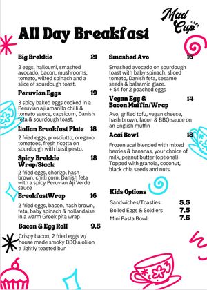 Breakfast menu  at Mad Cup Cafe in Balgownie