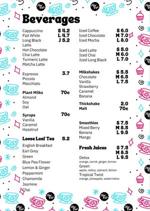 Beverage menu  at Mad Cup Cafe in Balgownie