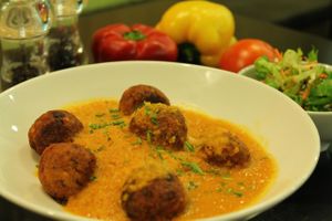 lentil balls in curry at Buddha Burgers in Haifa
