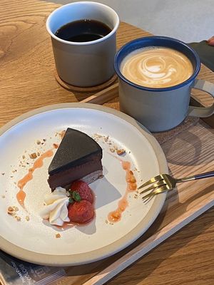 Brewed coffee, Latte and Chocolate tart at This Is Coffee  in Kani