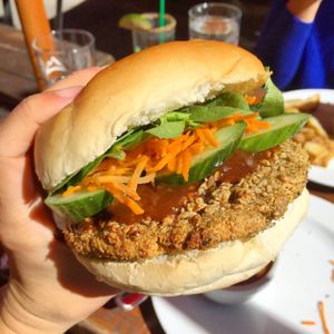 vegan burger with peanut sauce  at The Foggy Goggle in Halifax