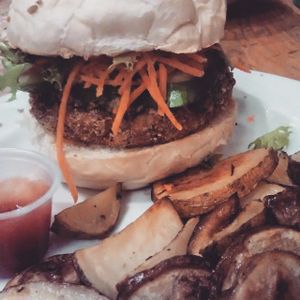 Another shot of the quinoa burger at The Foggy Goggle in Halifax