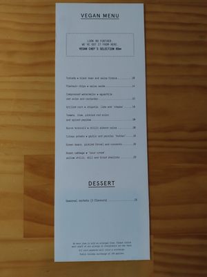 Vegan menu at Alma Restaurant in Geelong