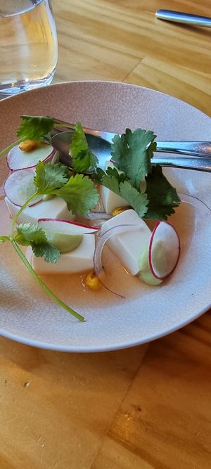 Silen tofu with a smoke tomato sauce at Alma Restaurant in Geelong