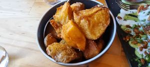Roast garlic potatoes (so deliciously crunchy) at Alma Restaurant in Geelong