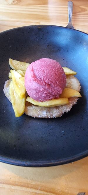 Dessert - Fried Arepa with caramelised apple and rhubarb sorbet 😋 (not included in Chef Special price). at Alma Restaurant in Geelong