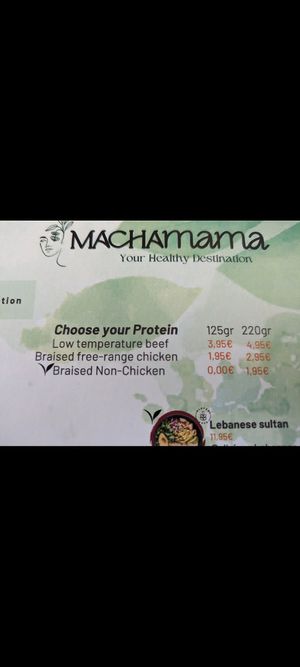 Upcharge for meat. (The non chicken is house made and not very meat like, its like toasted chickpea flour clumps but is very tasty) at Machamama Botanico in Tenerife