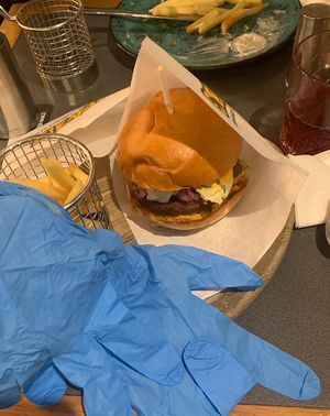 Veggie burger (with gloves to eat! 😝)  at Eurasia in Kyiv