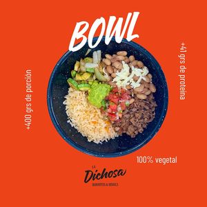 A powerful bowl packed with protein. Rice; peruvian beans; meat soy; vegetables, guacamole and salsa.  at La Dichosa in Guadalajara