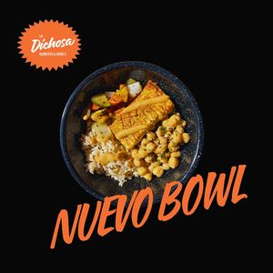 Chinese style bowl. White rice; chickpeas dipped in peanut sauce; grilled marinated tofu; sautéed vegetables and a touch of basil and black sesame seeds. at La Dichosa in Guadalajara