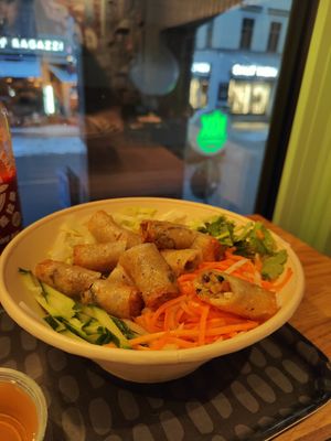 Vegan spring rolls with sallad and glas noodles at XÔI Vietnamese Street Food in Stockholm