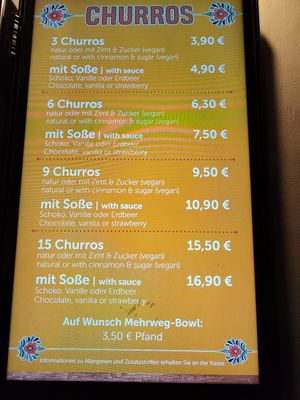 The menu at Churros - Phantasialand in Bruehl