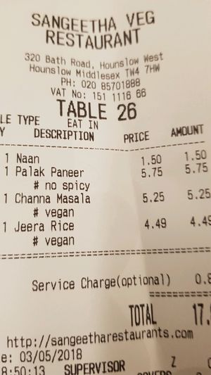 Vegan at Sangeetha Vegetarian Restaurant in South West London