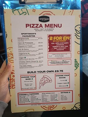 Pizza Menu at The Sportsman in Bristol