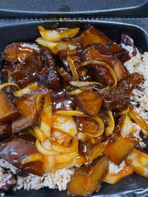 Vegan Rib Tips with Rice & Peas at Vegetarian To Go in Decatur