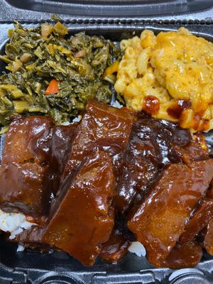 Brisket Meal.  

Macaroni and Cheese, Jasmine Rice, Greens and Vegan Brisket  at Vegetarian To Go in Decatur