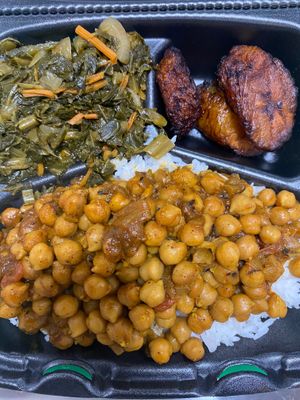 Chana Masala over Jasmine rice, mix vegetables and sweet plantains  at Vegetarian To Go in Decatur