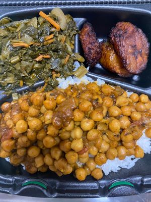 Chana Masala w/ Jasmine rice, Plantains and greens at Vegetarian To Go in Decatur