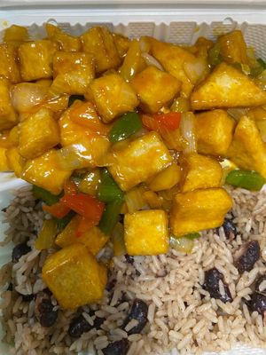 Orange Tofu w/ Rice and Peas at Vegetarian To Go in Decatur