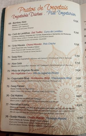 vegetarian menu, several options are vegan or can be made vegan at Tandoori Flames Indian Restaurant in Quarteira