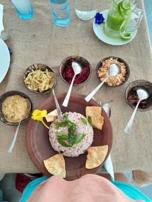 Mushrooms Dahl rice sabal beetroot egg plant amazing! at Spa Una & Eco Café in Unawatuna