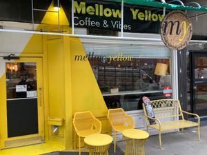 Front of cafe at Mellow Yellow Coffee and Vibes in New York City