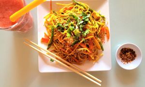 Chow Mein- light and fresh and appreciated chilli on the side at Pure Vegetarian GOPAL in Phuket