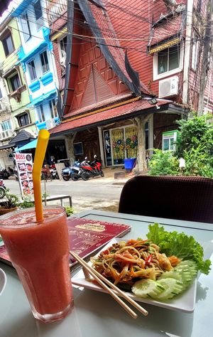 Strawberry fruit drink and papaya salad (low spicy as requested) at Pure Vegetarian GOPAL in Phuket