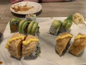(Top to bottom) Shiitake tempura roll, green wish roll, veggie delight roll  at Oishii Japanese Bistro in Powell