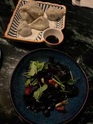 Steamed veggie dumplings & woodear mushroom saladd  at Blue Willow - 夜来湘 in New York City