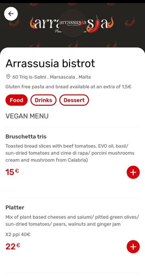 Menu at Arrassusia Bistrot in Wied Il-ghajn