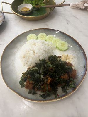 Main dish - crispy pork belly with basil   at Kem-Kon Pahurat (เข้ม-ข้น พาหุรัด) in Bangkok