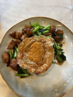 Vegan Morning Glory with “Vegan Egg”  at Kem-Kon Pahurat (เข้ม-ข้น พาหุรัด) in Bangkok