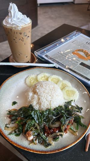 iced espresso with soy whip! spicy chili basil pork and rice. Amazing lunch   at Kem-Kon Pahurat (เข้ม-ข้น พาหุรัด) in Bangkok