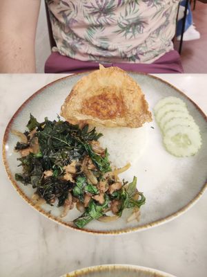 Stir fried minced pork with added 'fried egg' at Kem-Kon Pahurat (เข้ม-ข้น พาหุรัด) in Bangkok