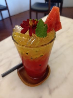 Sweet and Sour, passion fruit and watermelon mocktail at Kem-Kon Pahurat (เข้ม-ข้น พาหุรัด) in Bangkok