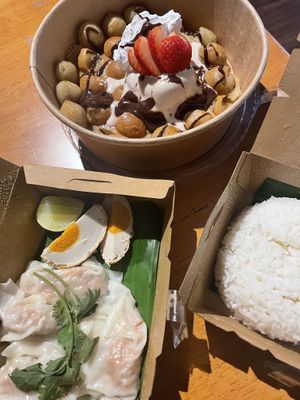 bubble waffle with strawberry crumble ice cream, dumplings with tom kha soup, side of ricee  at Kem-Kon Pahurat (เข้ม-ข้น พาหุรัด) in Bangkok