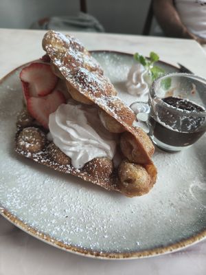 Strawberry waffle with whipped cream and ice cream at Kem-Kon Pahurat (เข้ม-ข้น พาหุรัด) in Bangkok
