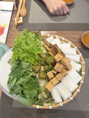 Flat basket- noodles with fried tofu  at Karuna Veggie in Ho Chi Minh City