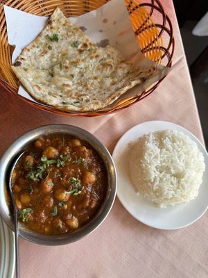 Dairy free/vegan naan and chana masala with rice. Very tasty and fresh.  at Bawarchi Delight Indian in Krabi